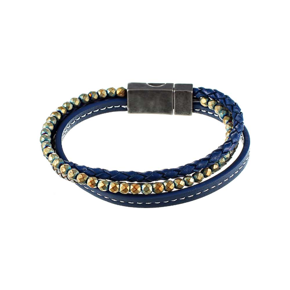 Стильный солидный модный мужской браслет 3в1 золотисто-синий из кожи и бусин камня гематита с металлическим магнитным замком JV TOE-587-60183 в подарочной упаковке