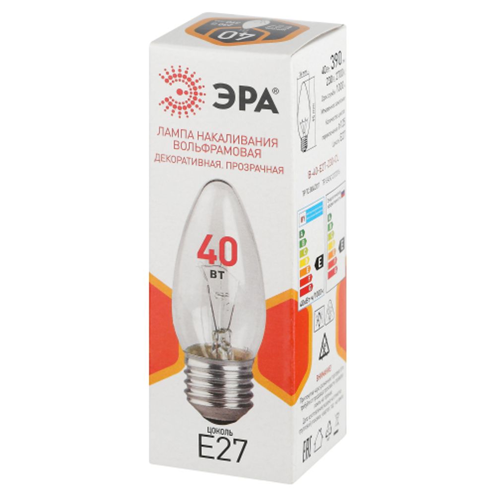 Лампочка ЭРА B36 40Вт Е27 / E27 230В накаливания свечка прозрачная