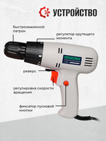 Электрическая дрель-шуруповерт Electrolite, 400 Вт, 800 об/мин, от сети 220В, режим сверления, Electrolite