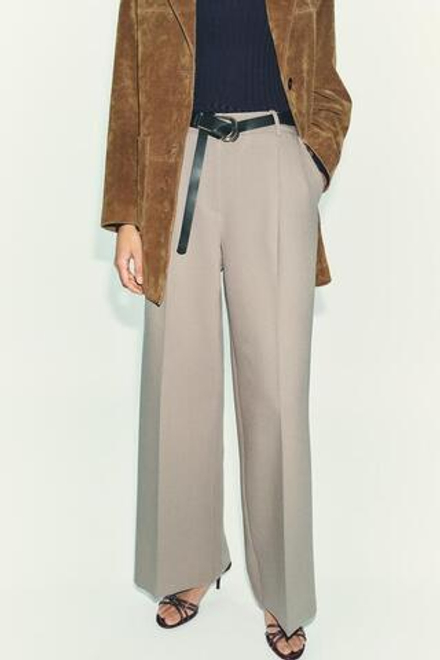 ZARA БРЮКИ ПРЯМОГО КРОЯ С ЗАЩИПАМИ И РЕМНЕМ, СЕРО-БЕЖЕВЫЙ