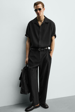 ZARA БРЮКИ СВОБОДНОГО КРОЯ СО СКЛАДКАМИ, ЧЕРНЫЙ