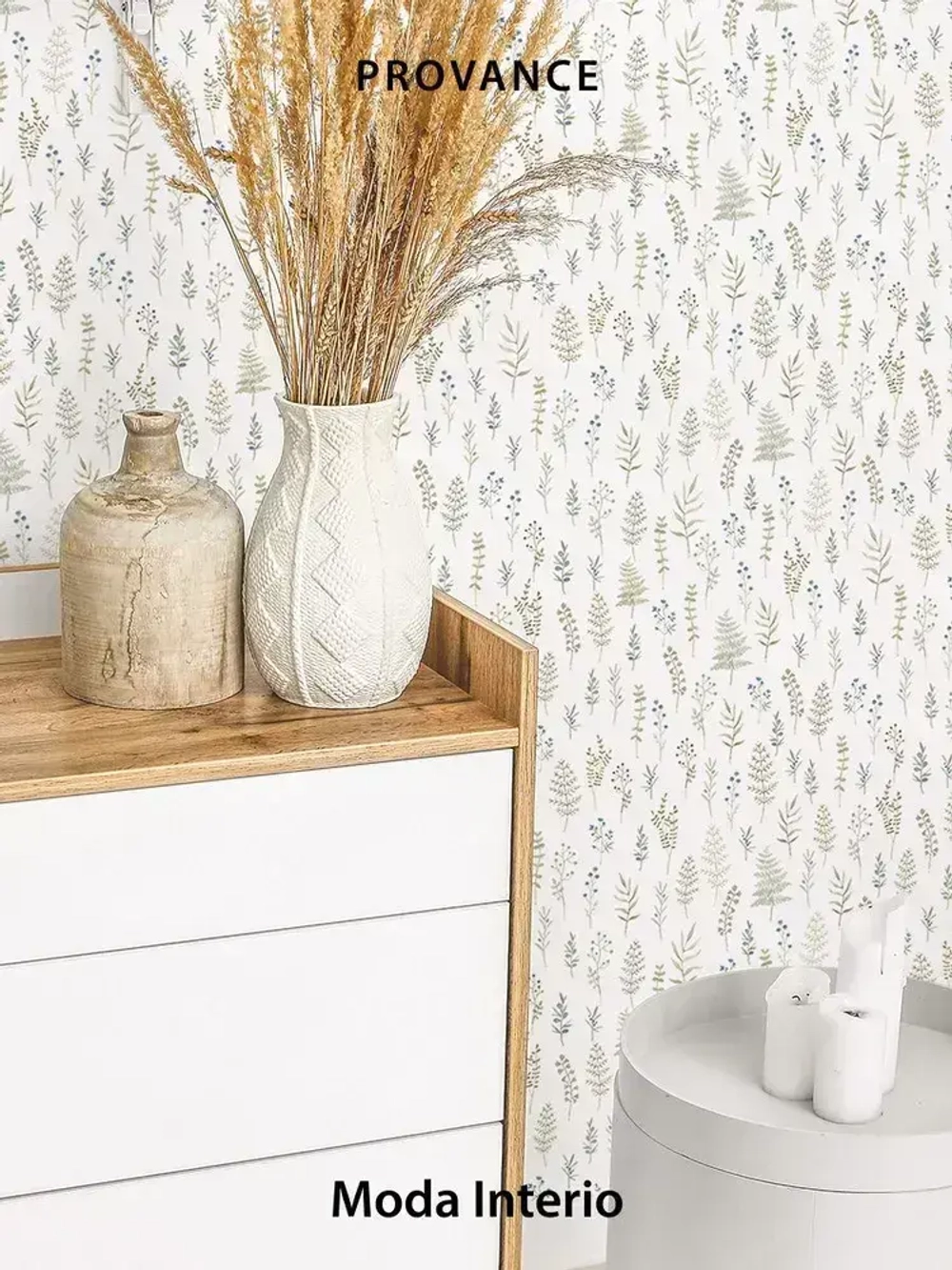 Обои флизелиновые Provance (Moda Interio), прованс веточки сине-зеленые, для прихожей, метровые