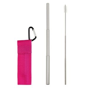 Трубочка металлическая складная с ёршиком в розовом чехле