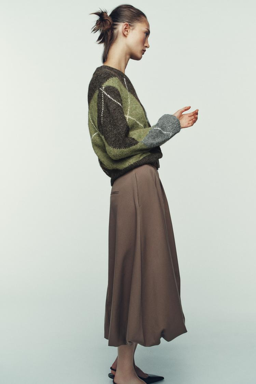 ZARA СВИТЕР С УЗОРОМ «РОМБЫ», КОРИЧНЕВЫЙ/ЗЕЛЕНЫЙ
