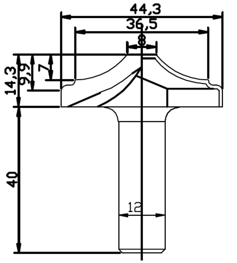 PCD профильная фреза D.44,3x12 14,3x40 Z2