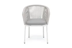 "Марсель" стул плетеный из роупа, каркас алюминий белый муар, роуп светло-серый меланж круглый tex, ткань светло-серая