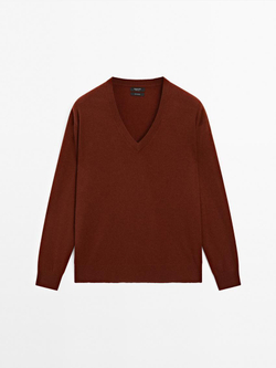 Massimo Dutti Свитер из 100% кашемира с V-образным вырезом, гранатовый