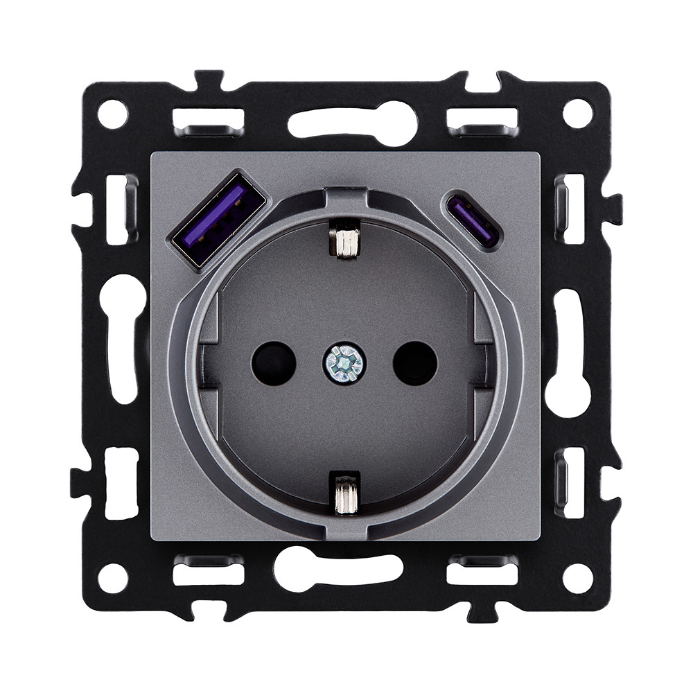 Розетка штепсельная SCHUKO 16A/250 В с USB A+C 20W, серый Kollinger Asthetik AS-016GY