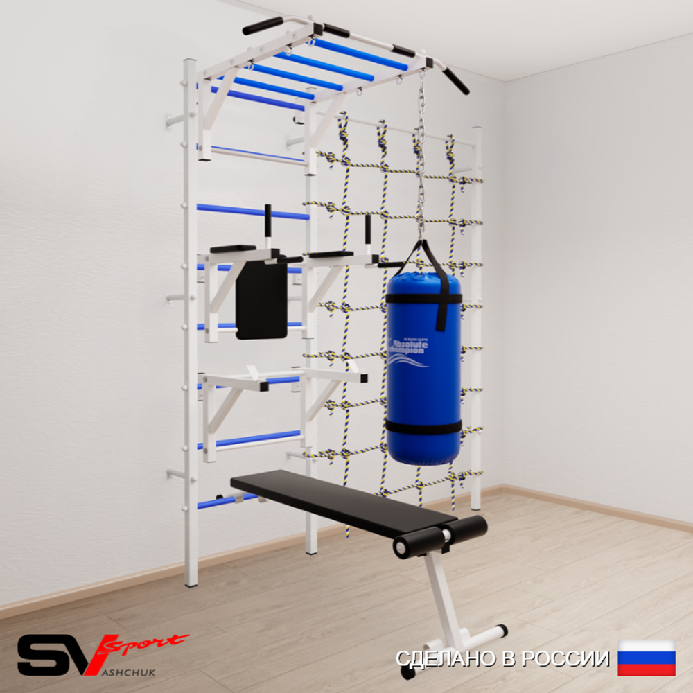 Шведская стенка Sv Sport 52630 (Турник рукоход/Брусья/Стойка/Скамья/Цепь/Мешок 30кг/Канатный лаз)