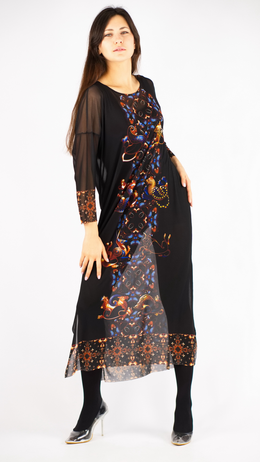 Платье-туника из сетки "Загадки скифов", принт по мотивам скифских татуировок, по материалам раскопок Пазырыкских курганов