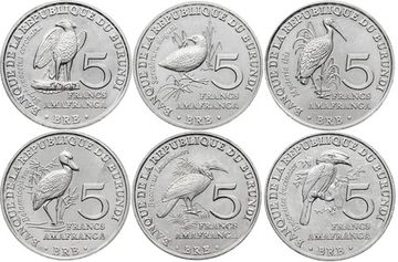 Набор из 6 монет Бурунди серии «Птицы» (5 франков 2014 года)