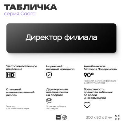 Табличка Директор филиала, на дверь, 30х8 см, черная, серия CADRO, Айдентика Технолоджи