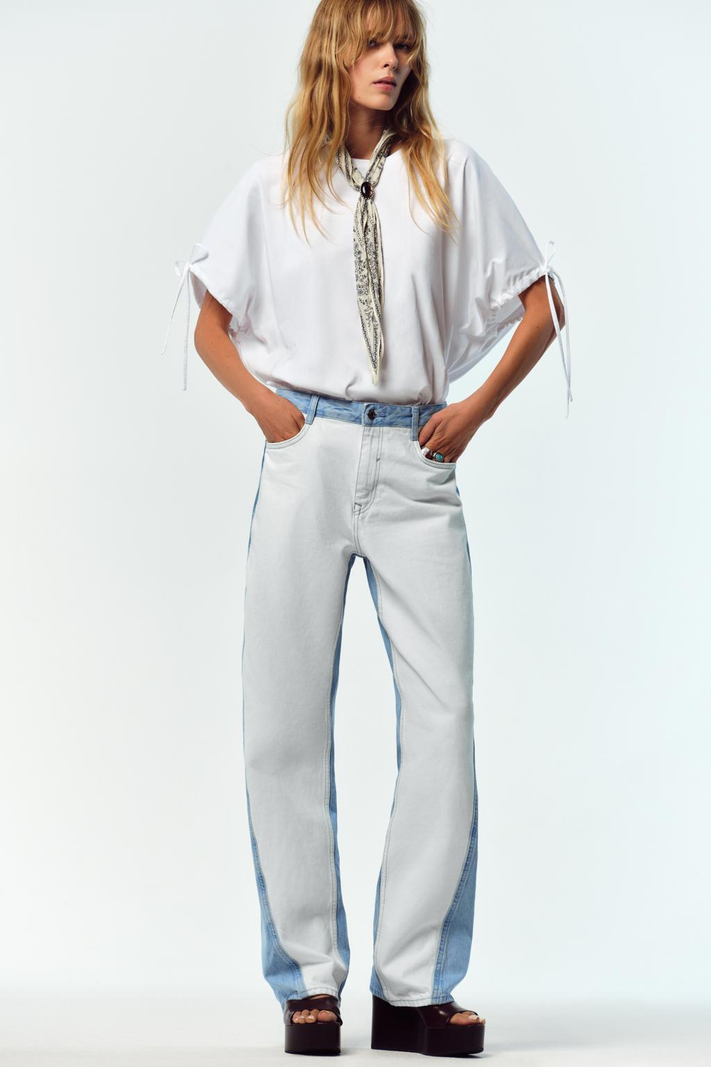 ZARA ХЛОПКОВАЯ ФУТБОЛКА С ЗАВЯЗКАМИ, БЕЛЫЙ