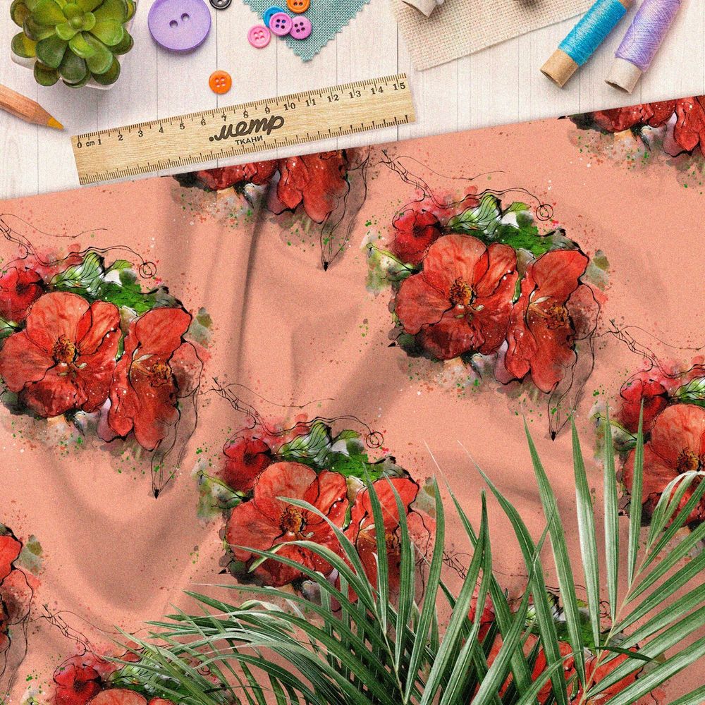 Ткань кулирная гладь красные цветы на оранжевом фоне