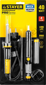 STAYER PROTerm 40Вт с 2К рукояткой, конус, оловоотсос + подставка + припой, Набор для паяльных работ (55316-40-H4)