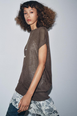 ZARA ТРИКОТАЖНОЕ ПЛАТЬЕ С КОМБИНИРОВАННОЙ ОТДЕЛКОЙ, СЕРО-КОРИЧНЕВЫЙ