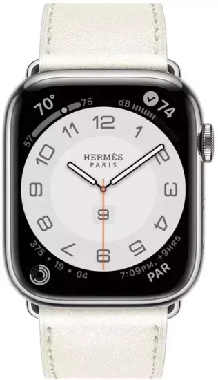 Умные часы Apple Watch Hermès Series 9 45 мм Steel Case , Silver/Blanc Swift Leather Single Tour
