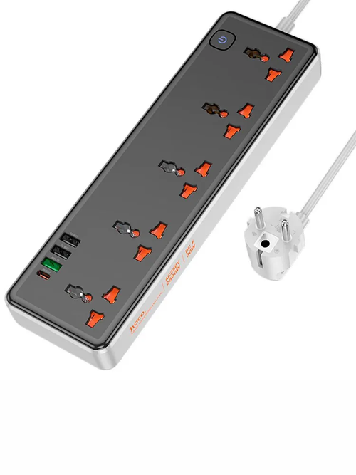 Сетевой фильтр Hoco AC14A, 1.5 м, 3*USB-A (1*QC18W), 1*USB-C (PD30W), 5*розеток 220V (2500W), черный / удлинитель с быстрой зарядкой 30 Вт