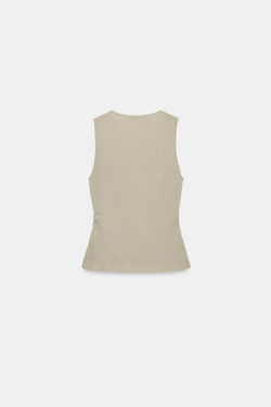ZARA ТРИКОТАЖНЫЙ ТОП СО СБОРКАМИ, ПЕСОЧНЫЙ