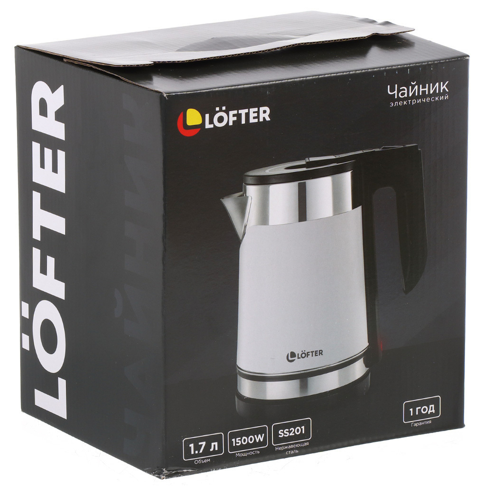 Чайник электрический Lofter, GMB-255-wht, бел, 1.7 л, скрытый нагревательный элемент, 1500 Вт, ск на