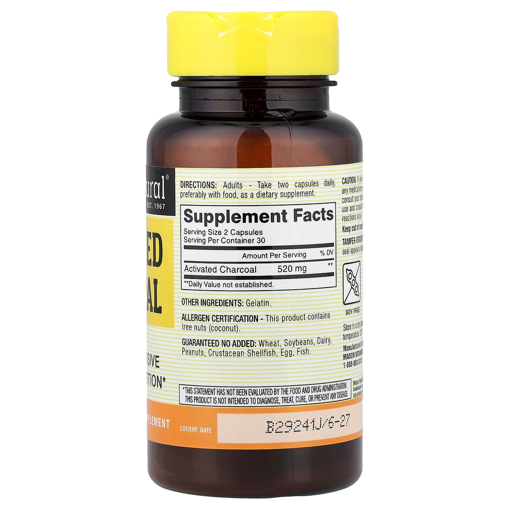 Mason Natural, активированный уголь, 60 капсул (260 мг в 1 капсуле)