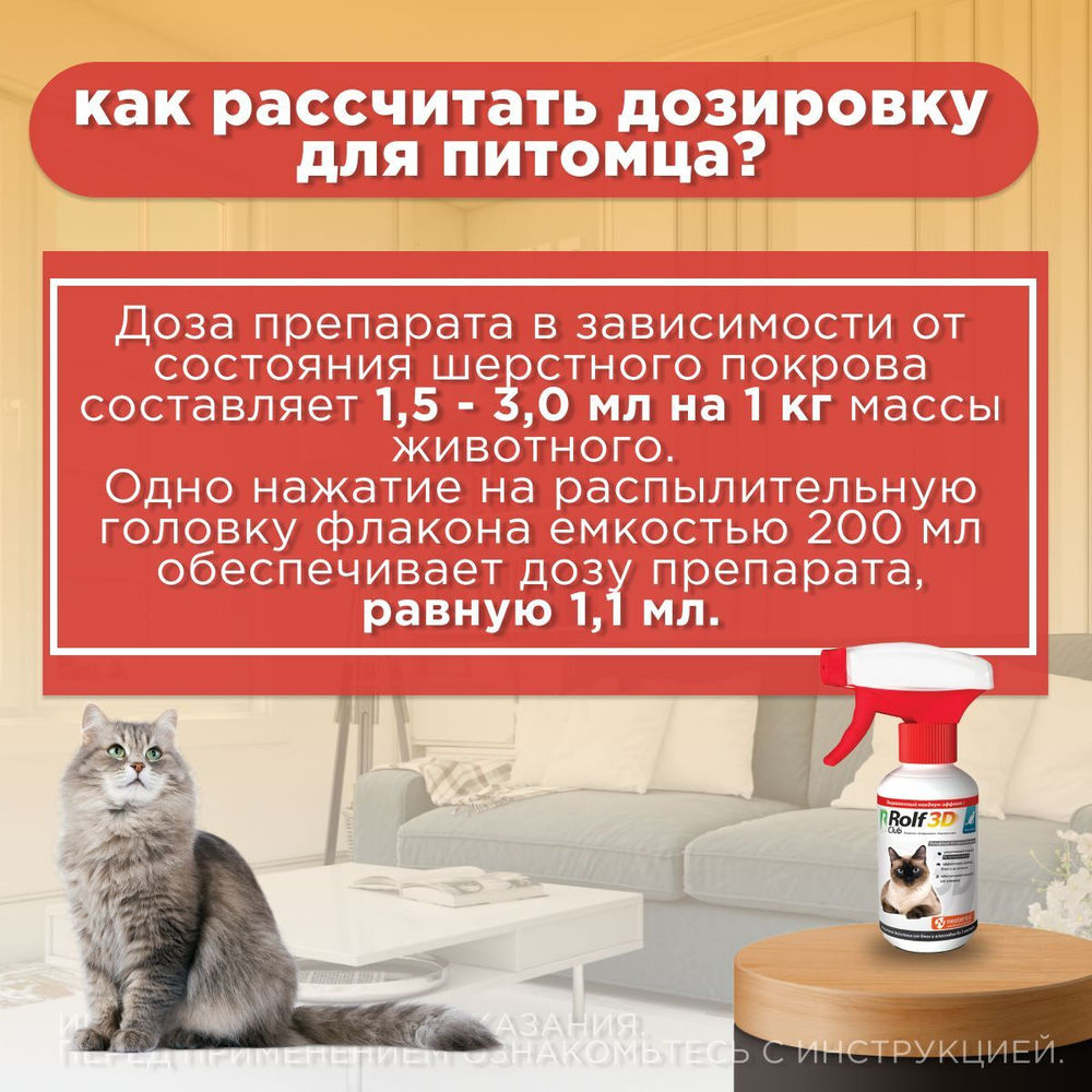 Спрей для кошек от клещей, блох и комаров Rolf Club 3D, 200мл