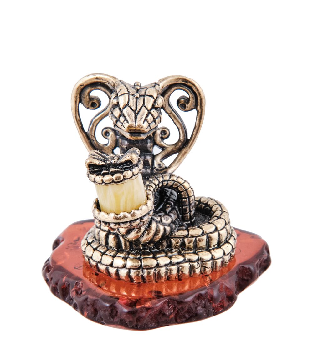 Народные промыслы AM-3980 Фигурка «Кобра с подарком» (латунь, янтарь)