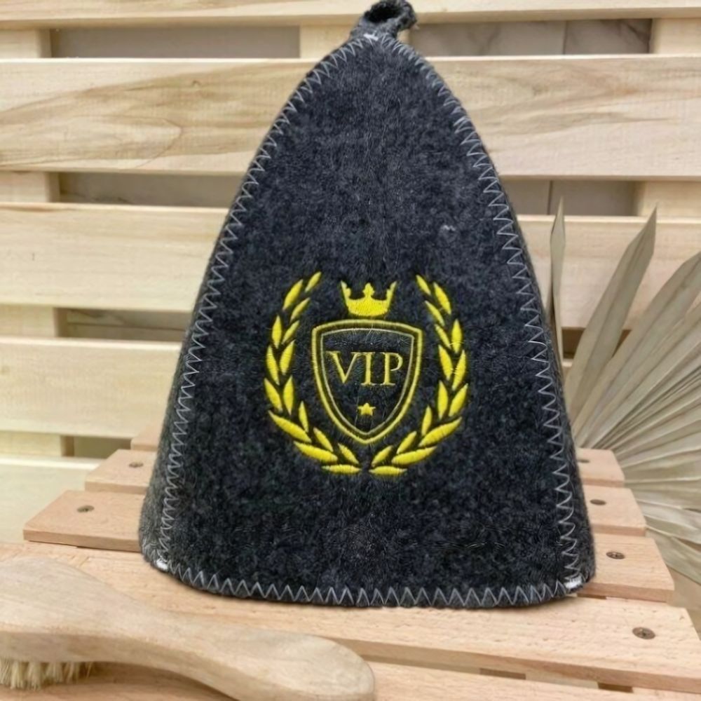 Шапка банная &quot;Классическая&quot; серая с вышивкой &quot;VIP&quot; 30% шерсть/70% полиэфир