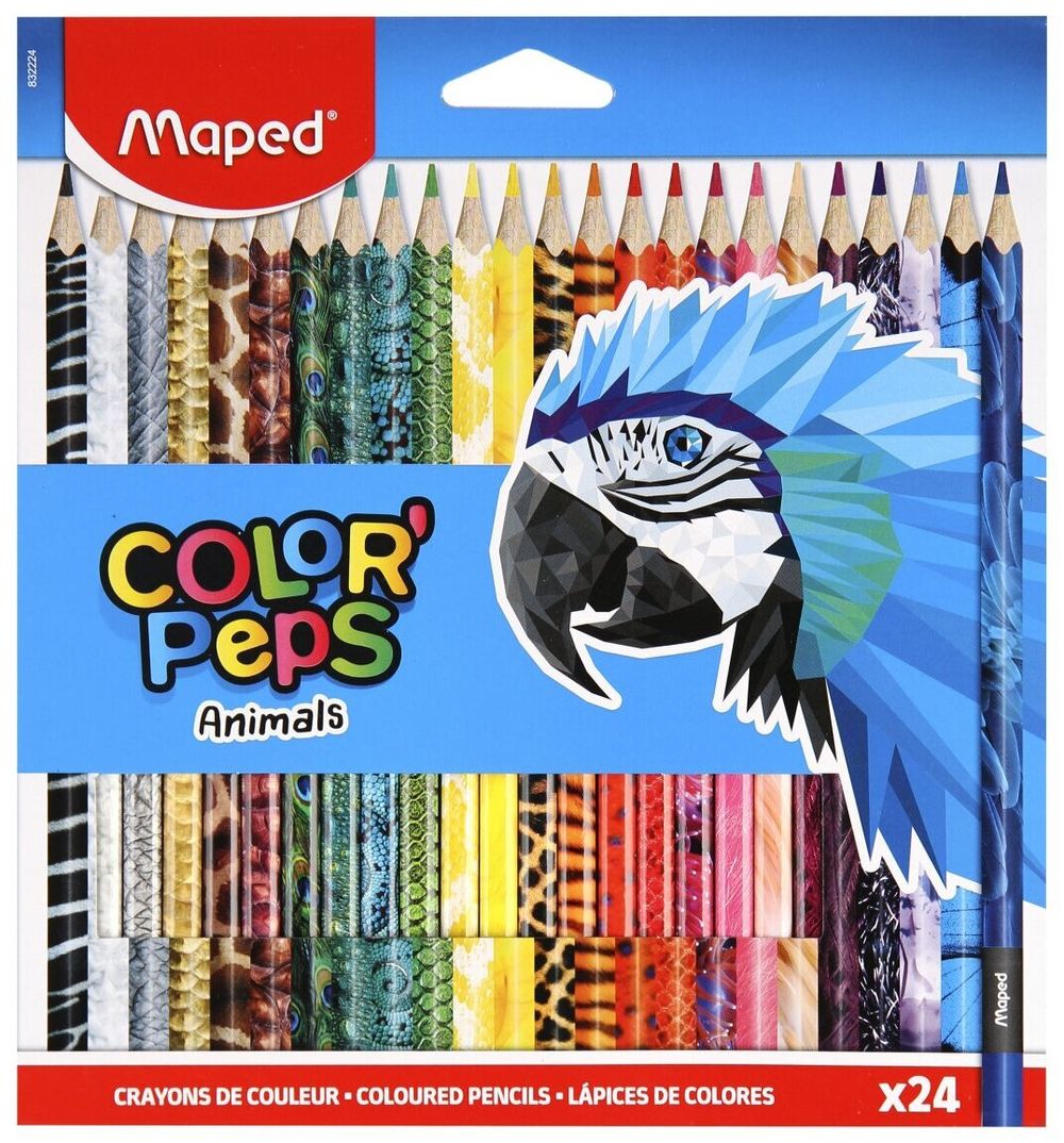 Карандаши цветные MAPED (Франция) "Color'Peps Animals'", 24 цвета, трехгранные, заточенные, европодвес, 832224