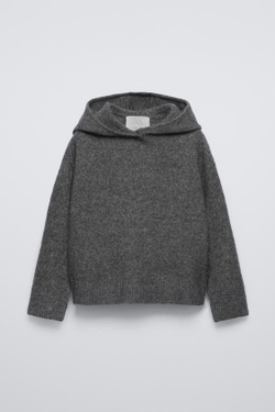 ZARA ОДНОТОННЫЙ СВИТЕР С КАПЮШОНОМ, ТЕМНЫЙ АНТРАЦИТ