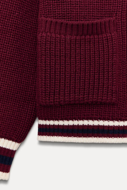 ZARA ТРИКОТАЖНЫЙ ЖАКЕТ С КАНТАМИ, БОРДОВЫЙ