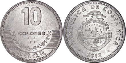 Коста-Рика 10 колонов, 2012 Герб XF