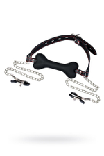 Кляп-трензель TOYFA Theatre в виде косточки с зажимами для сосков чёрный