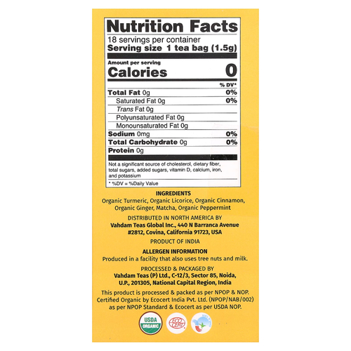 VAHDAM India, Infusions, травяной чай, куркума и матча, 18 пакетиков для заваривания, 27 г (0,95 унции)