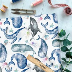 Ткань шелк Армани звёздные киты и медузы на белом фоне