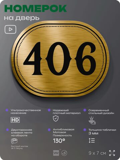 Номерок на дверь квартиры 406, для кабинета, офиса, шильдик 9 х 7 см, золотистый, Айдентика Технолоджи