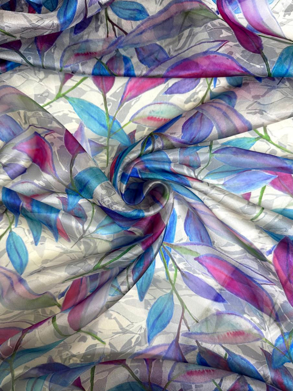 Шифон принт, silk, листья голубой/розовый на сером RH D8C2