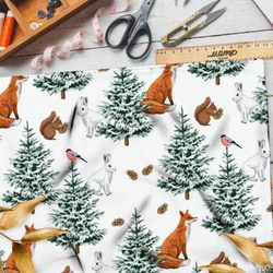 Ткань поплин лисы в елках