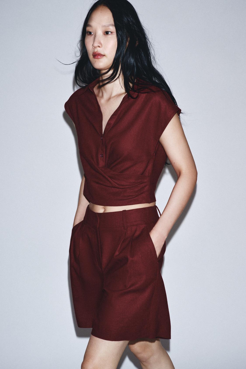 ZARA ТОП НА ЗАПÁХ ИЗ ЛЬНА, ГРАНАТОВЫЙ