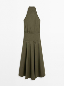 Massimo Dutti Длинное платье с горловиной халтер, бутылочно-зеленый