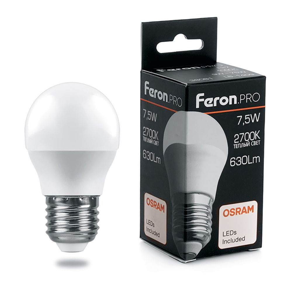 Feron.PRO Лампа св/д шар G45 E27 7.5W 630lm 2700K 2K матовый 81x48 OSRAM LED