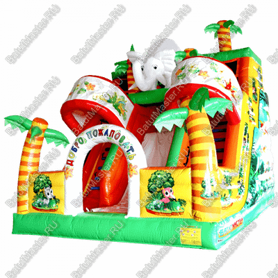 Надувной батут "Слоник в джунглях с двумя лестницами и широким скатом" 6*5*5.5 м