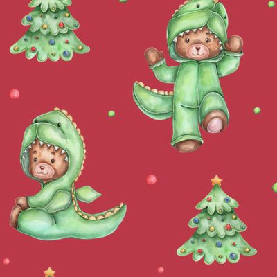 Мишки в новогодних костюмах драконов (на красном фоне)