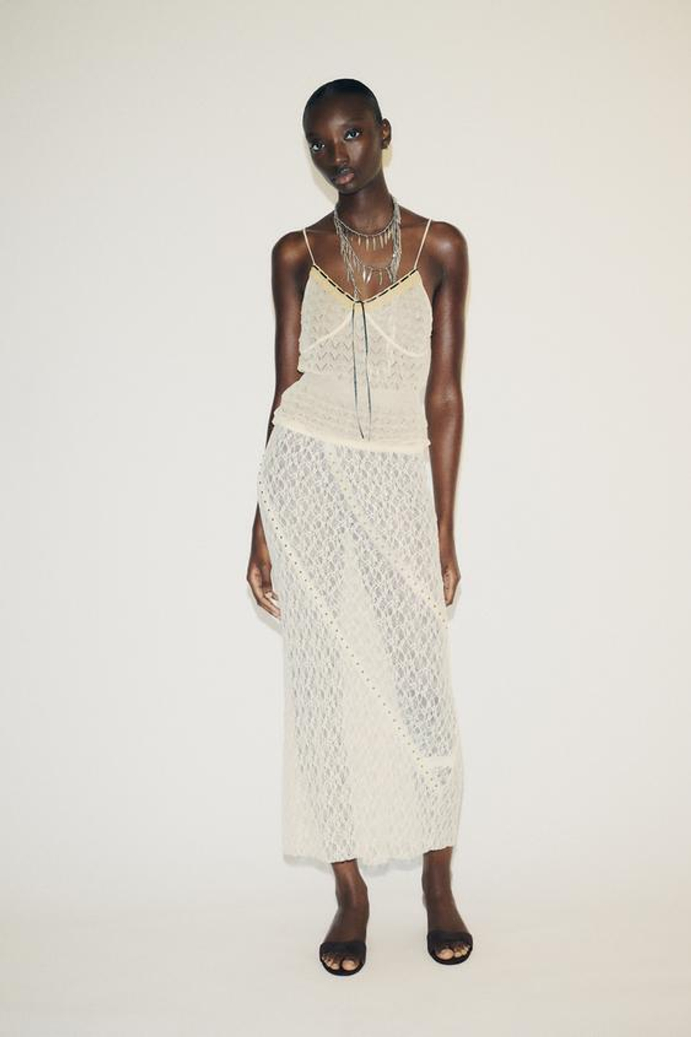 ZARA КРУЖЕВНАЯ ЮБКА МИДИ С ЗАКЛЕПКАМИ, ЭКРЮ