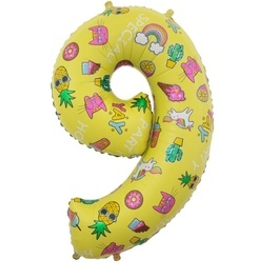 Шар (34"/86 см) Цифра, 9 Веселые картинки, Желтый 1 шт.