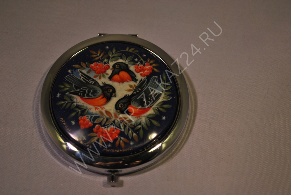 Зеркало с росписью Палех"Снегири" (худ. Митюнина)