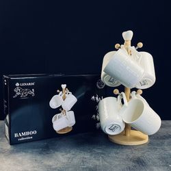 Lenardi 140-117 Набор из 6 кружек 320мл BAMBOO на подставке в под.уп.(х8)Фарфор