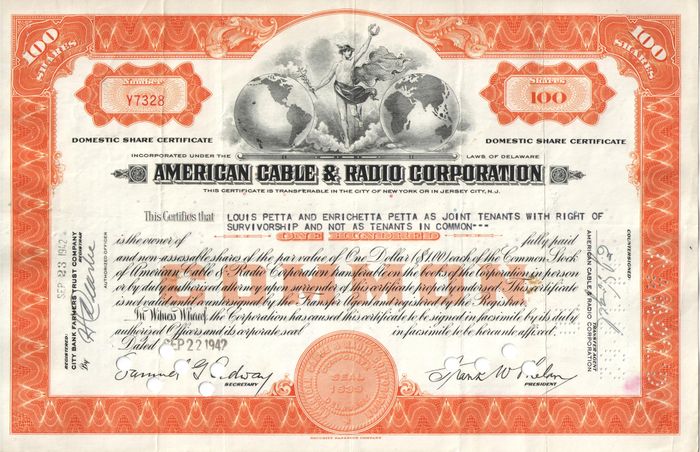 Акция American Cable & Radio Corporation 1942 США