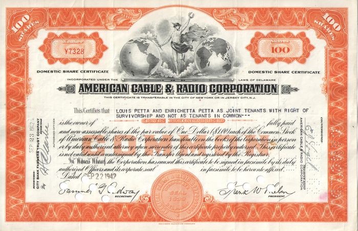 Акция American Cable & Radio Corporation 1942 США