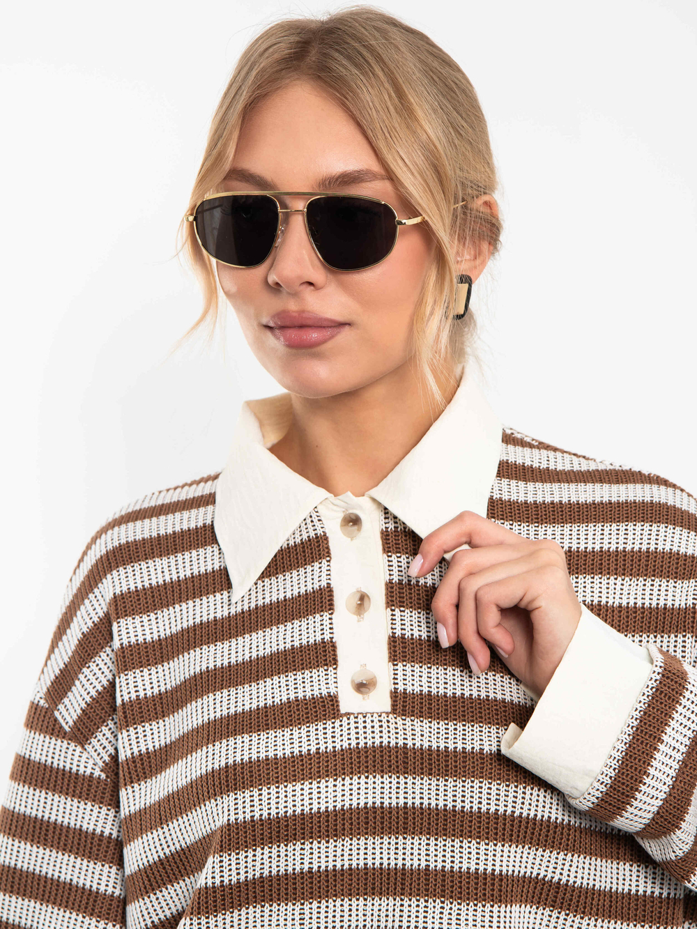 Свитшот-поло с имитацией рубашки (Коричневый/молочный)